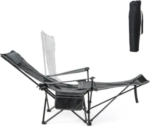 KOTEK Reclining Camping Chair, Portable Lounge Chair with Removable Foot Rest, Adjustable Backrest, Cup Holder & Carry Bag, Folding Camp Chair for Outdoor Traveling Fishing Hiking Picnic (1, Grey)