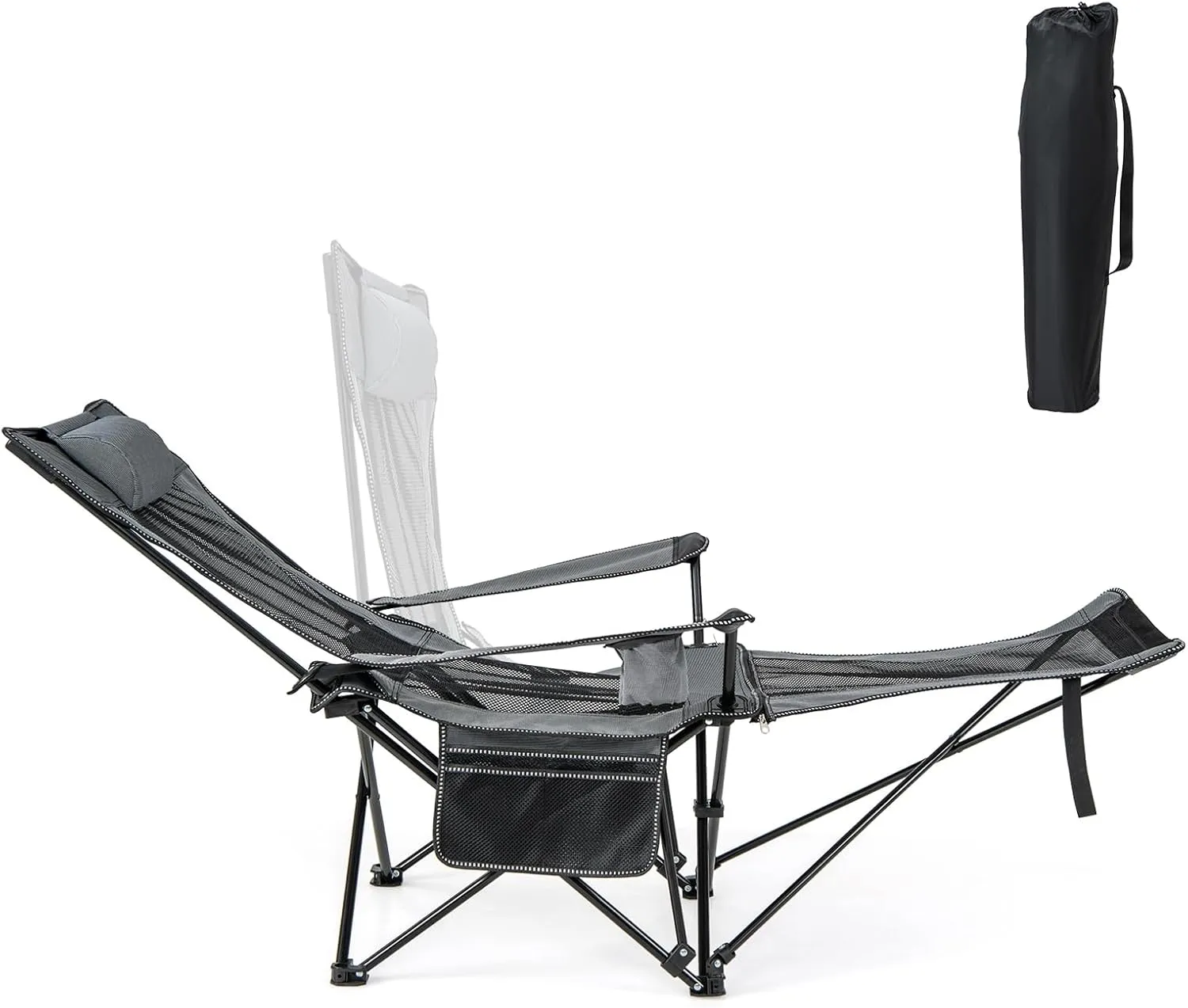 KOTEK Reclining Camping Chair, Portable Lounge Chair with Removable Foot Rest, Adjustable Backrest, Cup Holder & Carry Bag, Folding Camp Chair for Outdoor Traveling Fishing Hiking Picnic (1, Grey)
