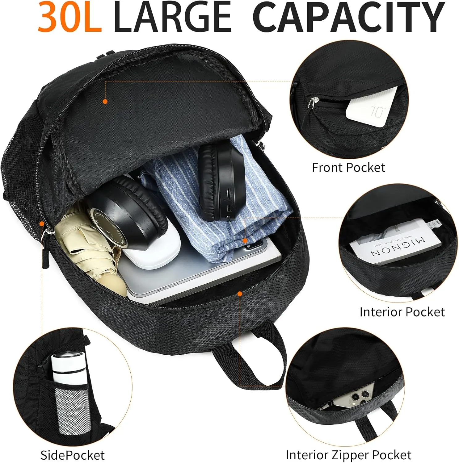 Large Hiking Daypack,30L Waterproof Hiking Backpack Packable Lightweight Travel Day Pack for Women Men (Black, Large)