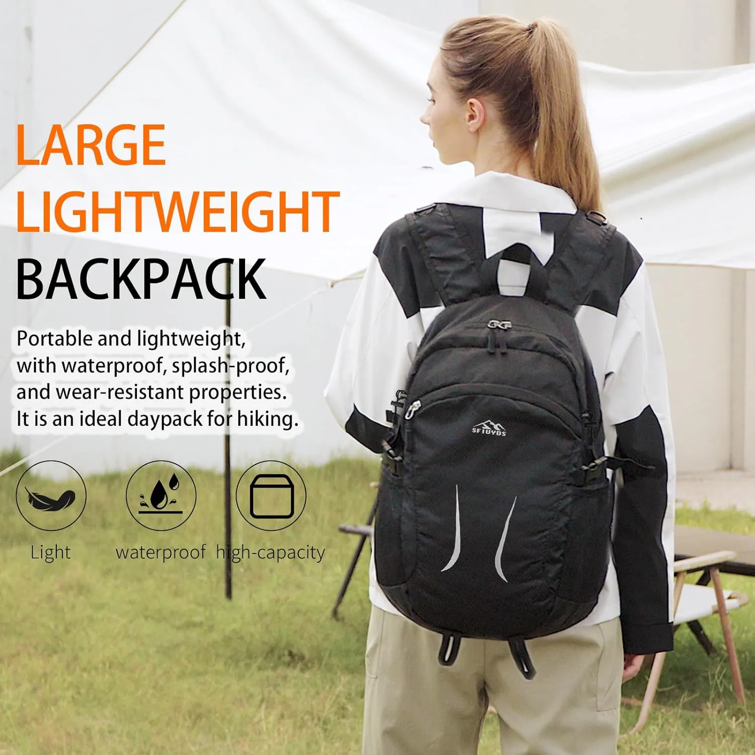 Large Hiking Daypack,30L Waterproof Hiking Backpack Packable Lightweight Travel Day Pack for Women Men (Black, Large)