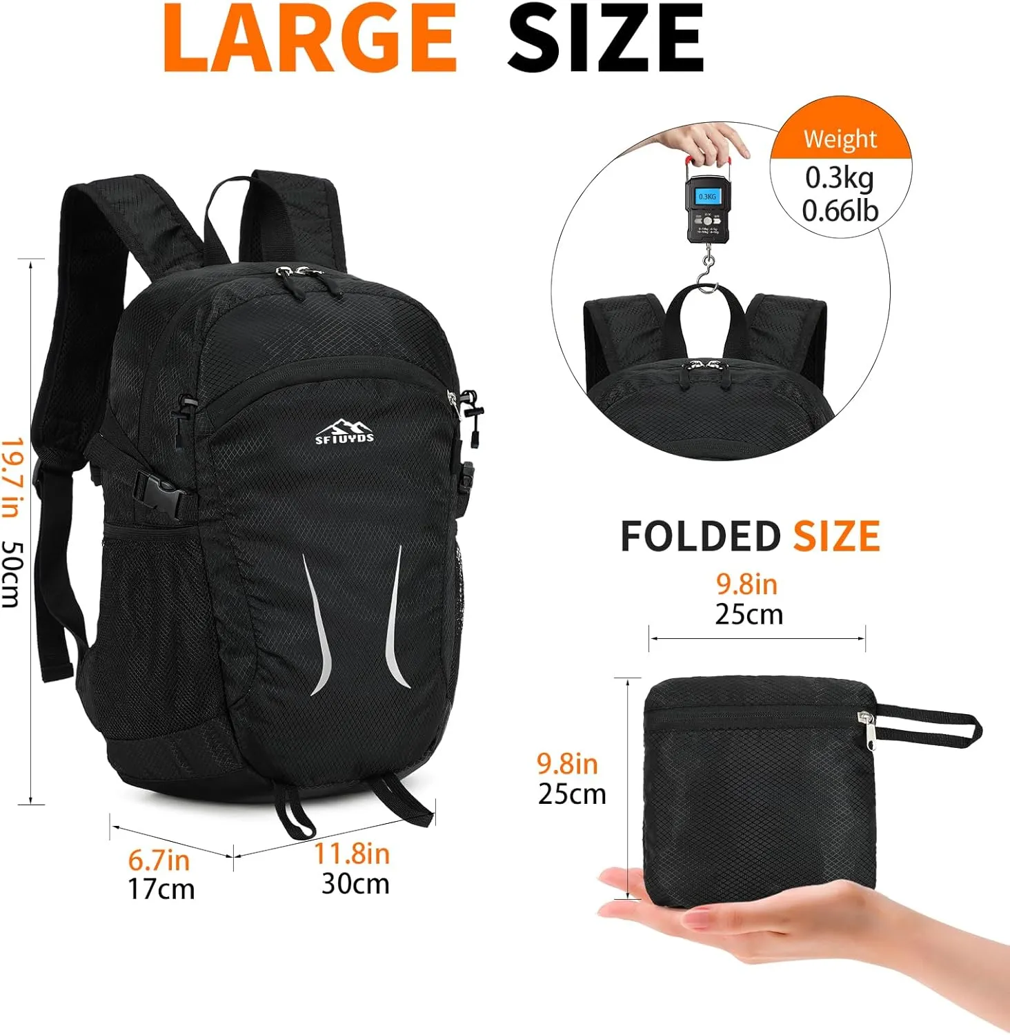 Large Hiking Daypack,30L Waterproof Hiking Backpack Packable Lightweight Travel Day Pack for Women Men (Black, Large)