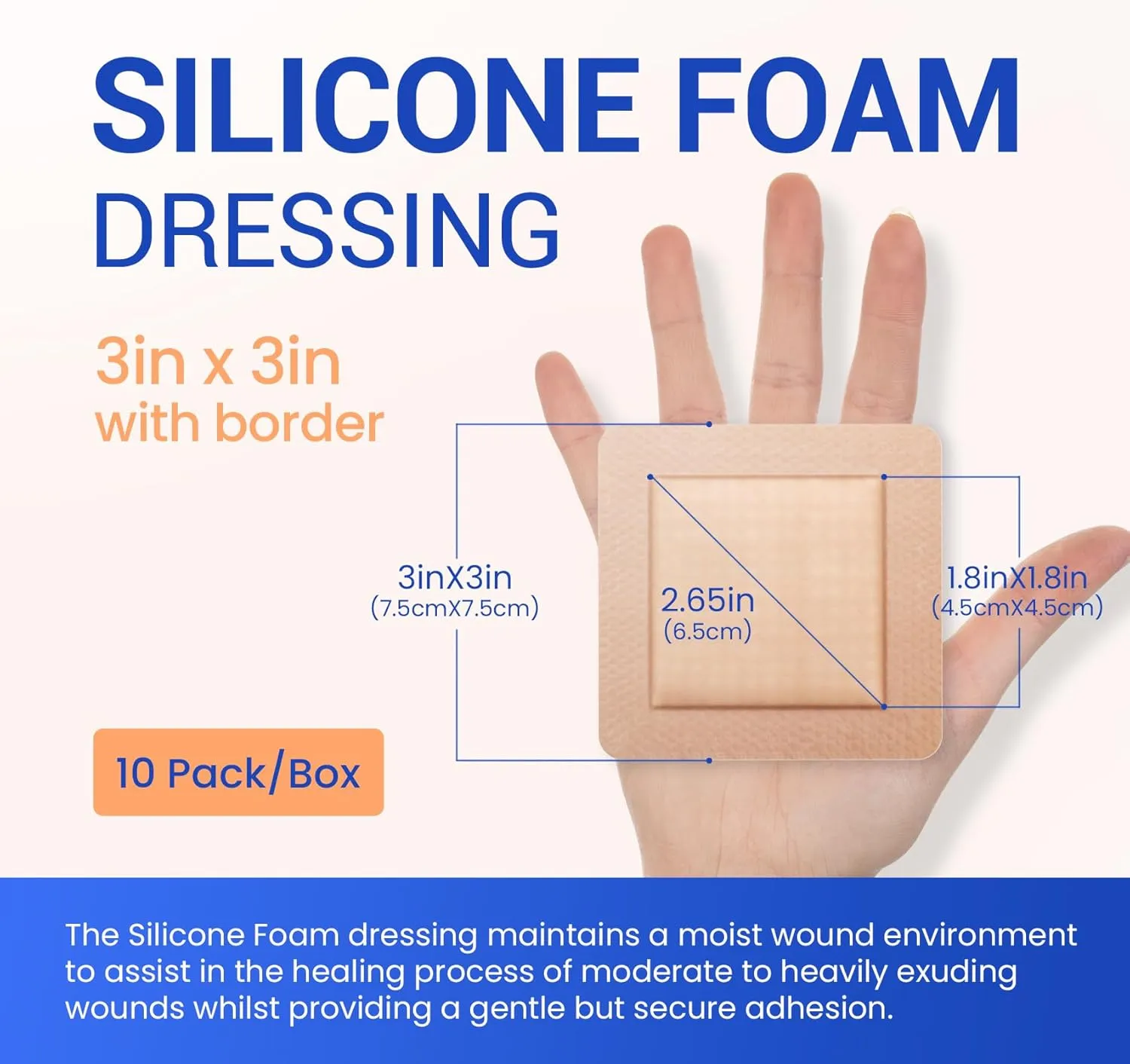 Large Waterproof Bandages 3"x3" Silicone Foam Dressing for Sensitive Skin Wound Care, Adhesive Cohesive Pad with Border for First Aid, 10 Packs, Post Surgical and Trauma Care, Sore, Burn, Pressure