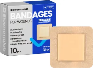 Large Waterproof Bandages 3"x3" Silicone Foam Dressing for Sensitive Skin Wound Care, Adhesive Cohesive Pad with Border for First Aid, 10 Packs, Post Surgical and Trauma Care, Sore, Burn, Pressure