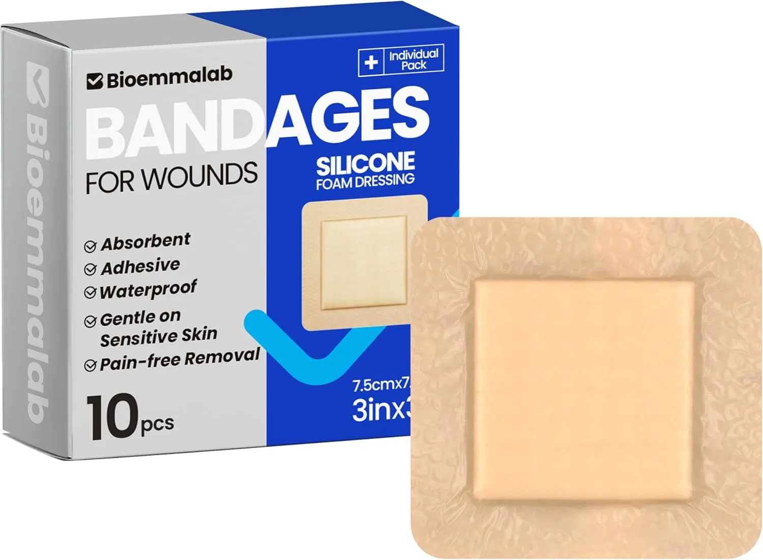 Large Waterproof Bandages 3"x3" Silicone Foam Dressing for Sensitive Skin Wound Care, Adhesive Cohesive Pad with Border for First Aid, 10 Packs, Post Surgical and Trauma Care, Sore, Burn, Pressure