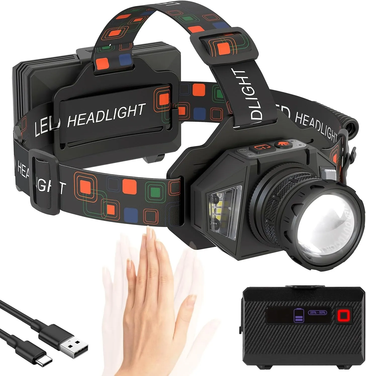 LED Headlamp Flashlight, 1100 Lumens Super Bright Rechargeable Headlight with White Red Light | 9 Modes | Zoomable | Waterproof Motion Sensor Head Lamp for Camping Running Hunting Car Repair