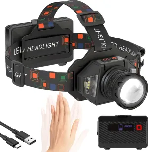 LED Headlamp Flashlight, 1100 Lumens Super Bright Rechargeable Headlight with White Red Light | 9 Modes | Zoomable | Waterproof Motion Sensor Head Lamp for Camping Running Hunting Car Repair