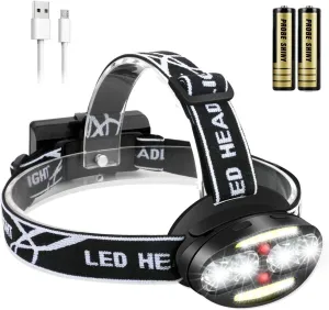 LED Headlamp Flashlight Brightest Multifunctional-Rechargeable Work Light with Button&Motion Mode-Running,Camping,Outdoor Waterproof-Best Head Lamp with Red&Blue Flash Lights
