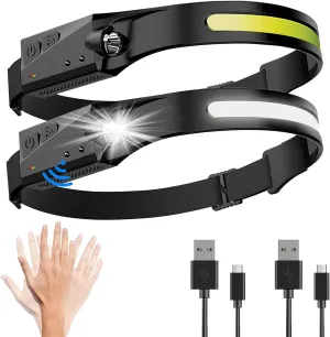 LED Headlamp Rechargeable, 2 Pack Headlamps for Adults, 230°Wide Beam, Motion Sensor, 5 Modes, Adjustable Headband Outdoor Waterproof Lightweight Head Lamp for Running, Camping, Hiking, Fishing