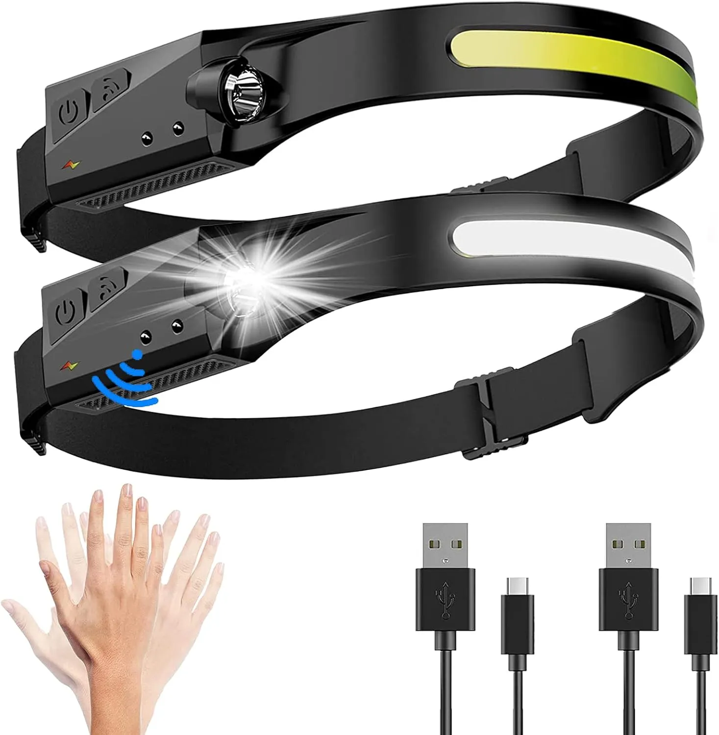 LED Headlamp Rechargeable, 2 Pack Headlamps for Adults, 230°Wide Beam, Motion Sensor, 5 Modes, Adjustable Headband Outdoor Waterproof Lightweight Head Lamp for Running, Camping, Hiking, Fishing