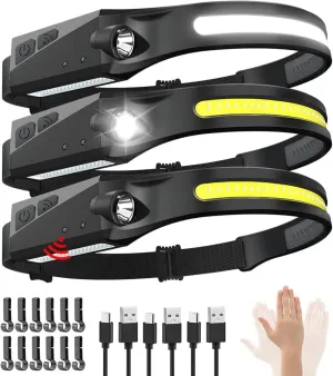 Led Headlamp Rechargeable 3 Pack,230° Wide Beam Headband Light, Motion Sensor Head Lamps for Forehead,Hard Hat Headlight,Type-C USB Charging Headlamps for Running,Cycling,Camping