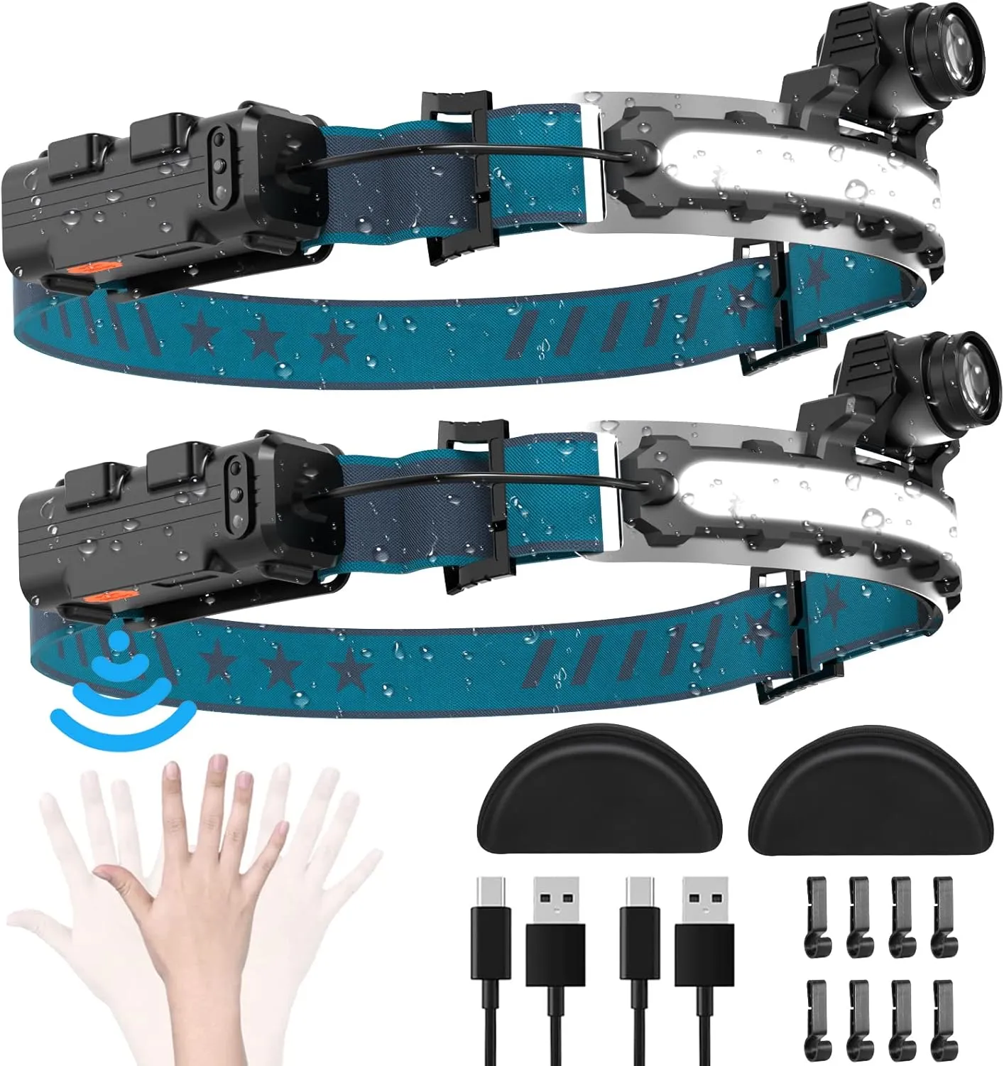 LED Headlamp Rechargeable, Super Bright 1000 Lumens 270° Wide Beam Headlamp with Motion Sensor,6 Lighting Modes, IPX4 Waterproof Head Lamp Suitable for Camping, Hiking, Working Hard Hat Headlight 2pcs
