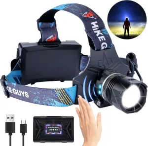 LED Rechargeable Headlamp, Headlight 90000 Lumens Super Bright with 6 Modes & IPX5 Warning Light, Motion Sensor Adjustable Headband Head Lamp, 60° for Adult Outdoor Camping Running Cycling
