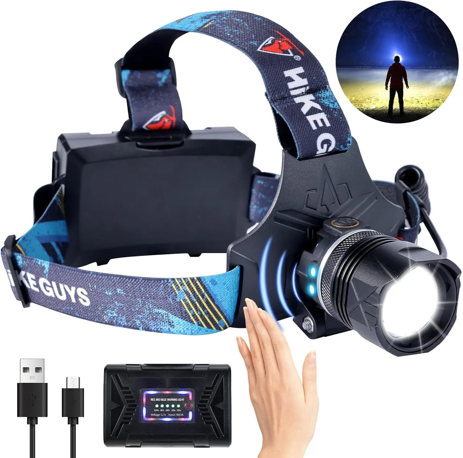 LED Rechargeable Headlamp, Headlight 90000 Lumens Super Bright with 6 Modes & IPX5 Warning Light, Motion Sensor Adjustable Headband Head Lamp, 60° for Adult Outdoor Camping Running Cycling