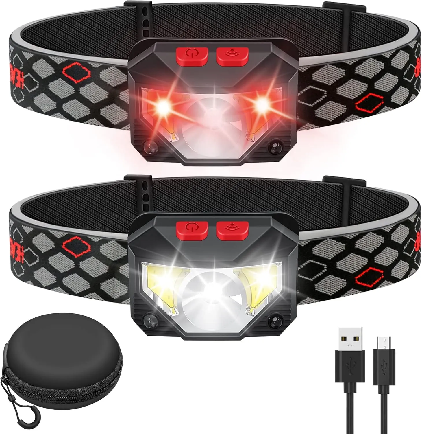 LED Rechargeable Headlamp,2-PACK Waterproof Flashlight Motion Sensor Control Head lamp, 1000 Lumen Bright 30 Hours Runtime USB Headlight for Running, Camping, Hiking and More