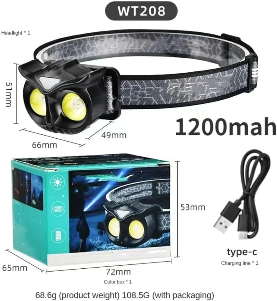 LED Strong Light cat Headlight 1200mah Portable Outdoor Adventure Camping Fishing Sensor Headlight COB Warning Headlight(1200mah)