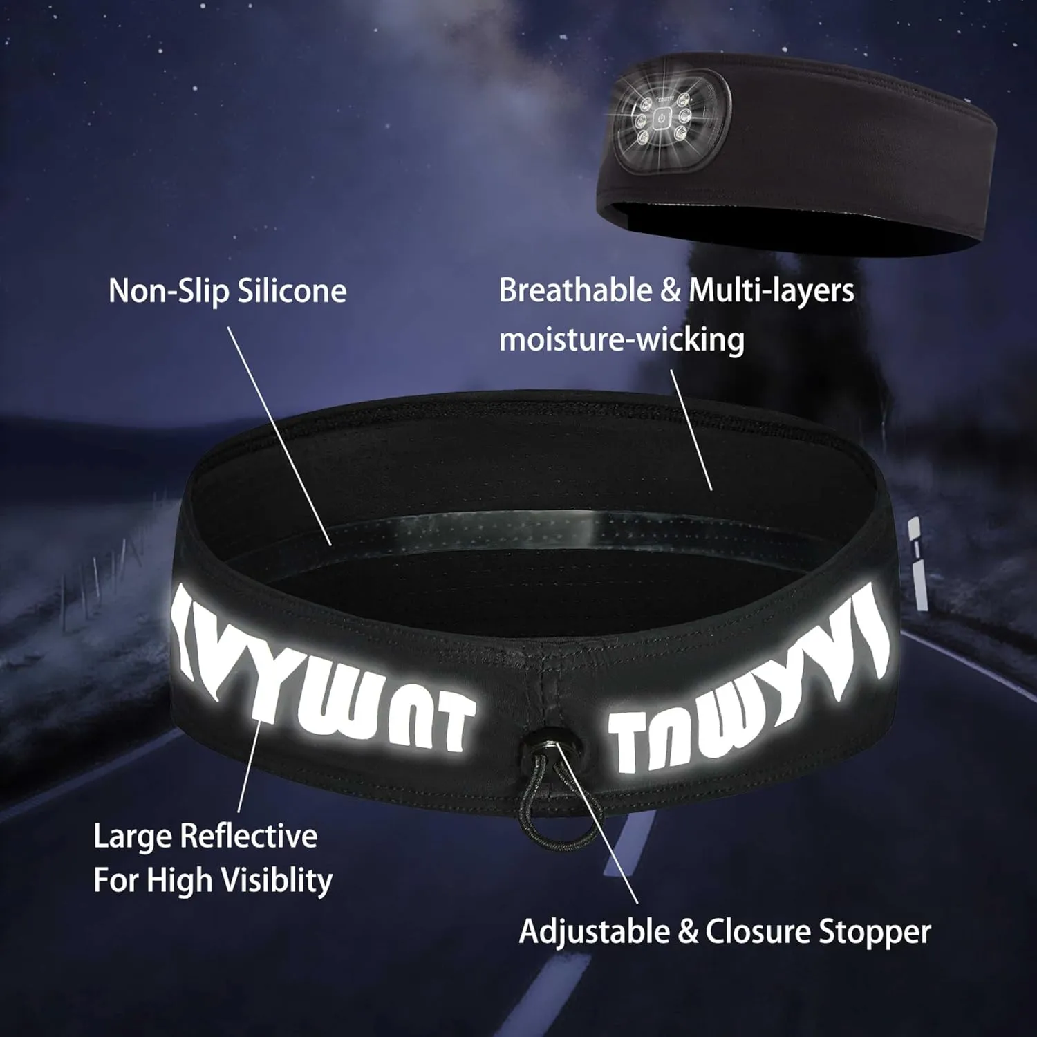 LED Sweat Headband - IVYWNT Moisture Wicking Headband with a Rechargeable Light Built-in, Non-Slip Sweatband for Outdoor Sports with Reflective Logo, Adjustable Closure and 3-Brightness Headlamp