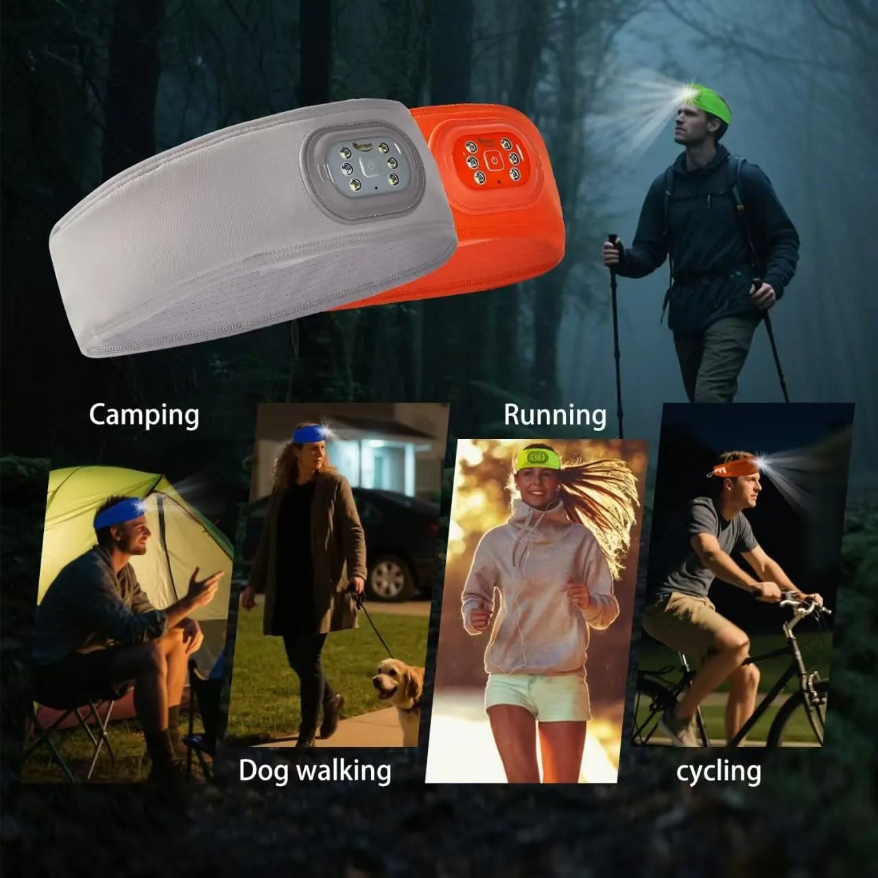 LED Sweat Headband - IVYWNT Moisture Wicking Headband with a Rechargeable Light Built-in, Non-Slip Sweatband for Outdoor Sports with Reflective Logo, Adjustable Closure and 3-Brightness Headlamp