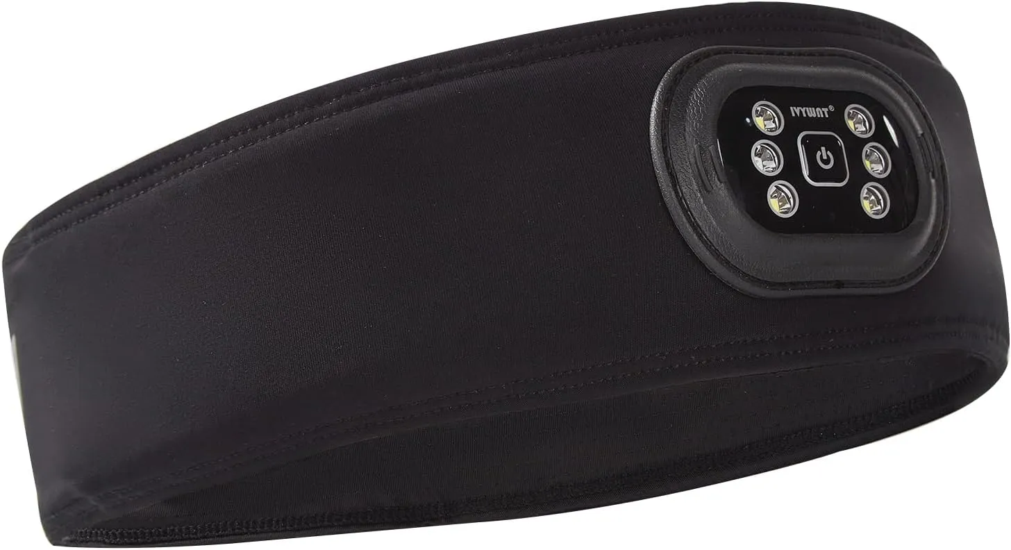 LED Sweat Headband - IVYWNT Moisture Wicking Headband with a Rechargeable Light Built-in, Non-Slip Sweatband for Outdoor Sports with Reflective Logo, Adjustable Closure and 3-Brightness Headlamp
