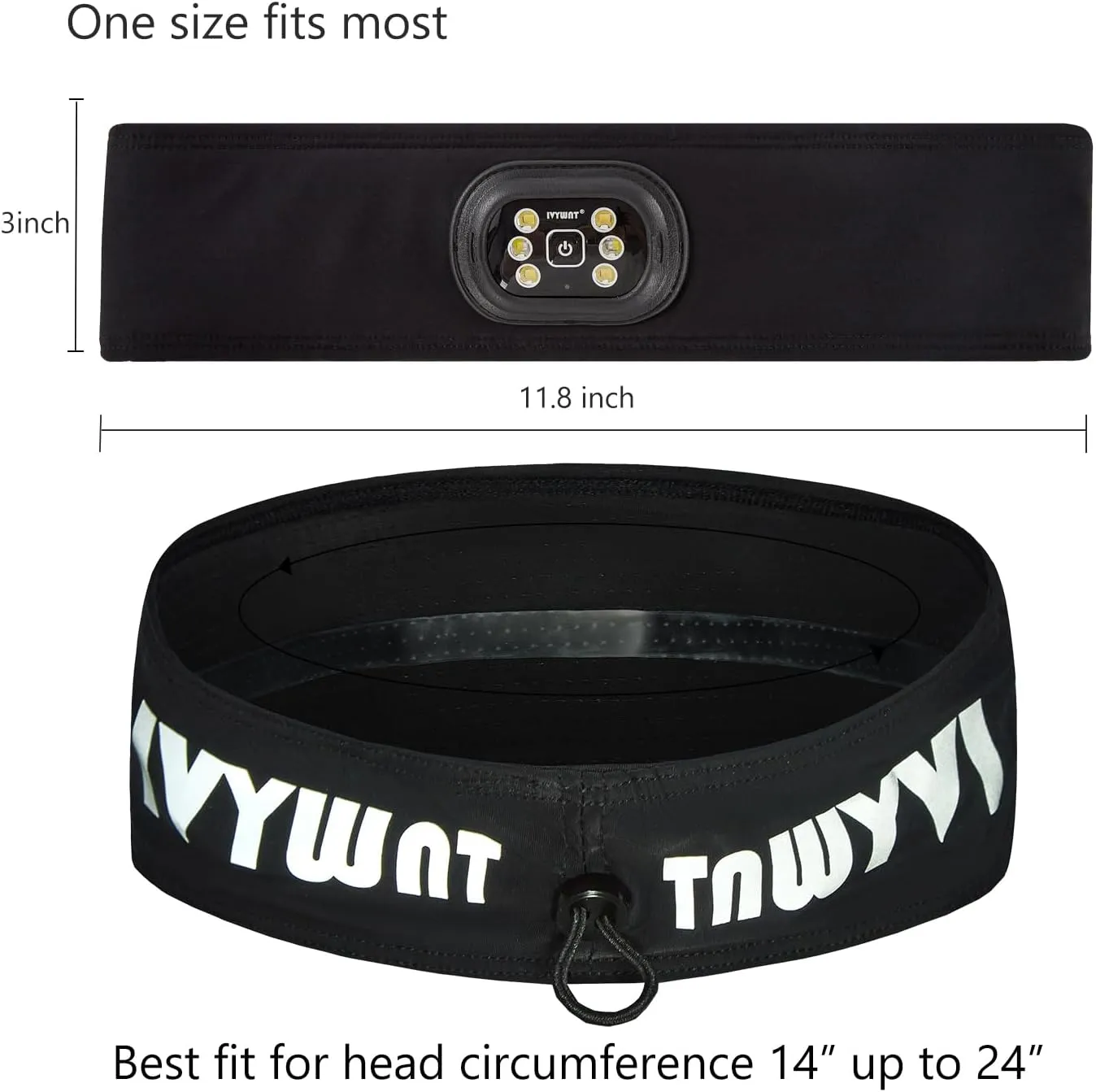 LED Sweat Headband - IVYWNT Moisture Wicking Headband with a Rechargeable Light Built-in, Non-Slip Sweatband for Outdoor Sports with Reflective Logo, Adjustable Closure and 3-Brightness Headlamp