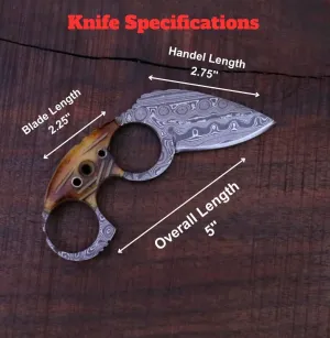 LEONA CRAFT® 5" Handmade Damascus Steel Utility Knife with Horn Handle and Leather Sheath – Full Tang Compact Fixed Blade Tool for Crafting, Outdoor, Camping, Gifting