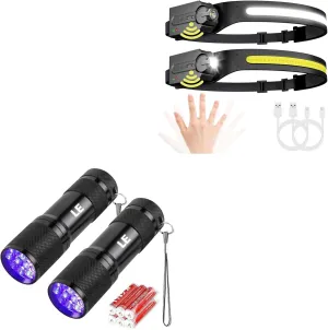 Lepro Bundle - Black Light Flashlight, Small UV Lights 395nm, Portable Ultraviolet Light Detector & PR320019-2 Super Bright Head lamp with Motion Sensor, 230° Wide Beam & Adjustable