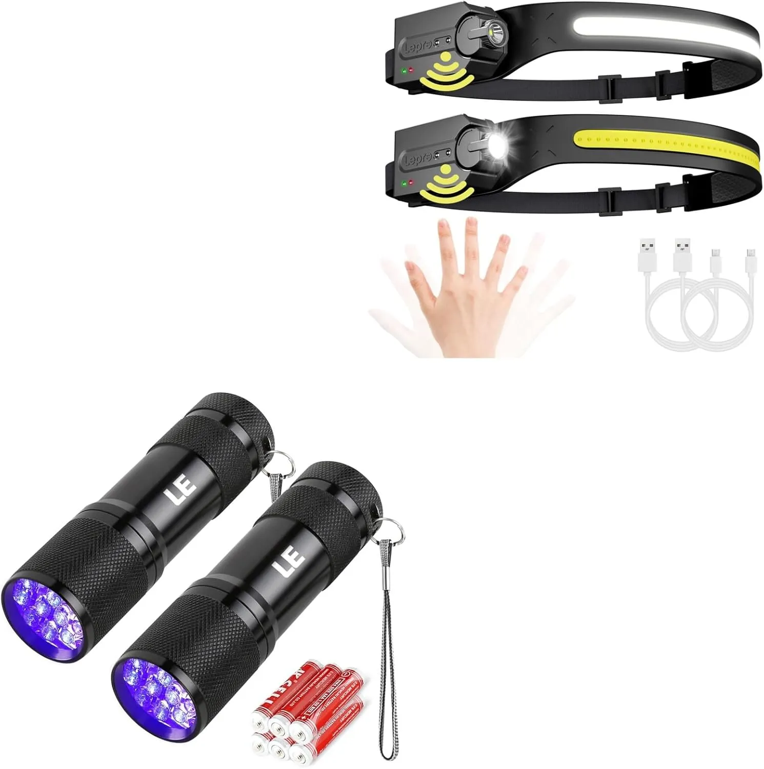 Lepro Bundle - Black Light Flashlight, Small UV Lights 395nm, Portable Ultraviolet Light Detector & PR320019-2 Super Bright Head lamp with Motion Sensor, 230° Wide Beam & Adjustable