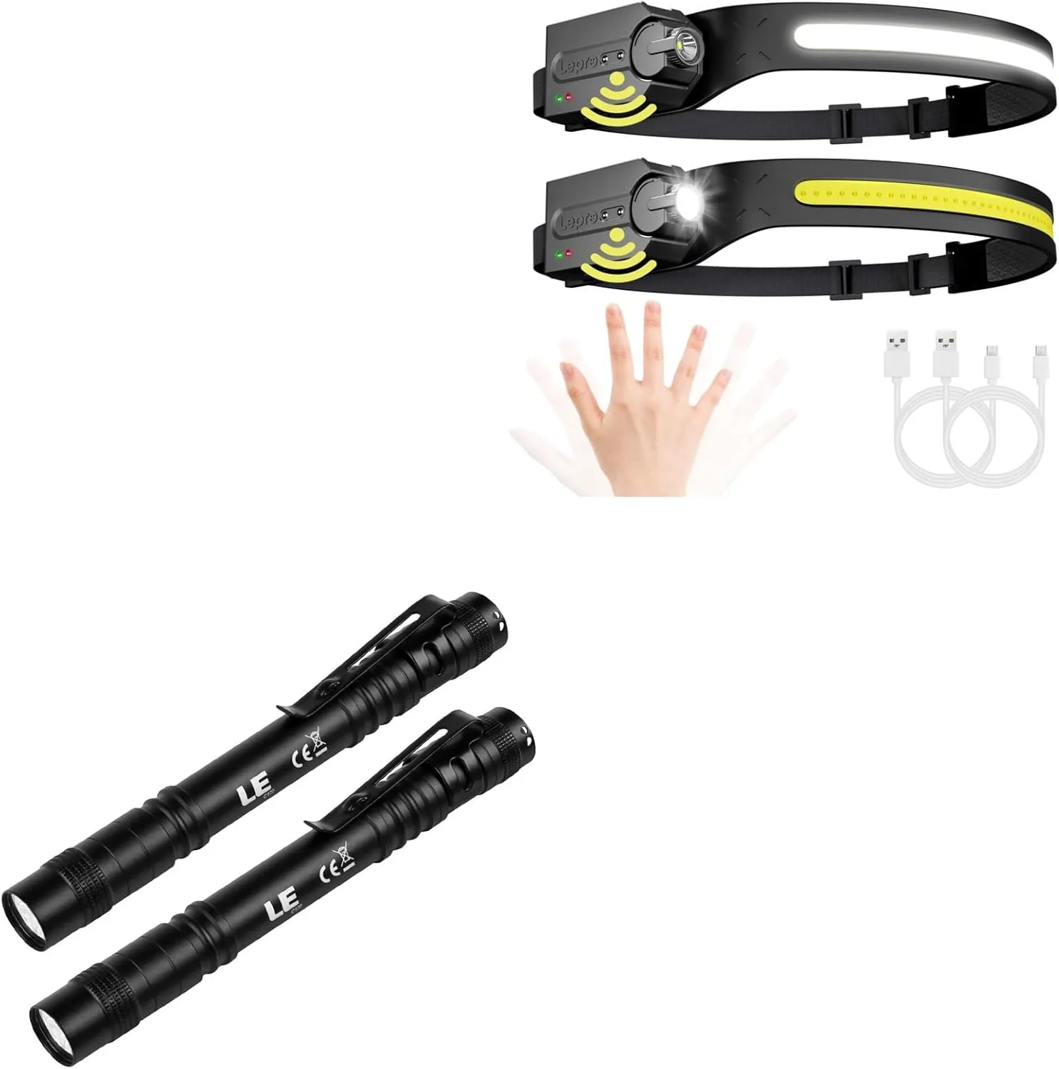 Lepro Bundle - LED Pen Flashlights, Lightweight, Mini, Waterproof Pocket Flashlight with Clip, 2 Pack & PR320019-2 Super Bright Head lamp with Motion Sensor, 230° Wide Beam & Adjustable