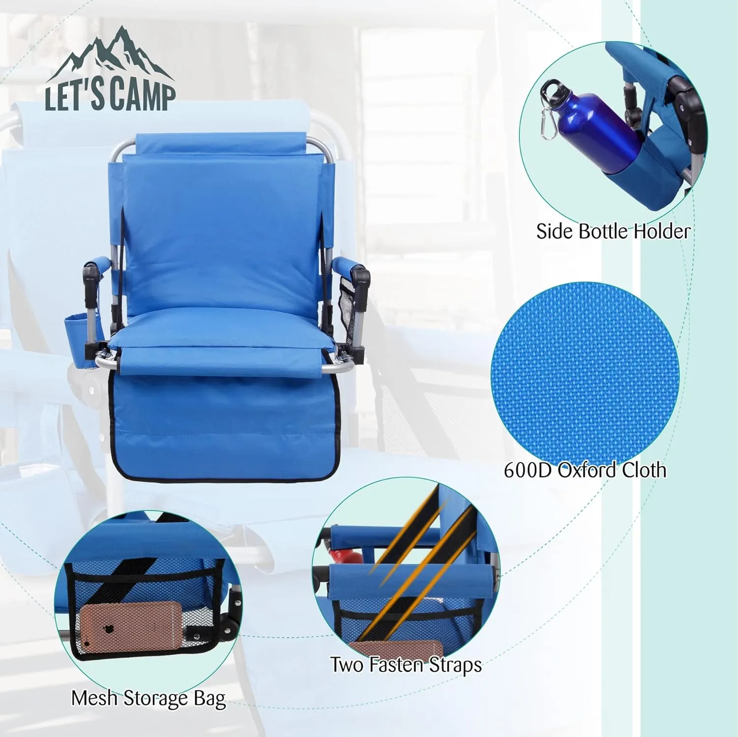 LET'S CAMP Folding Stadium Seat Bleacher Chair with Cup Holder, Mesh Bag and Hide Hooks, Portable Stadium Chair with Back and Cushion