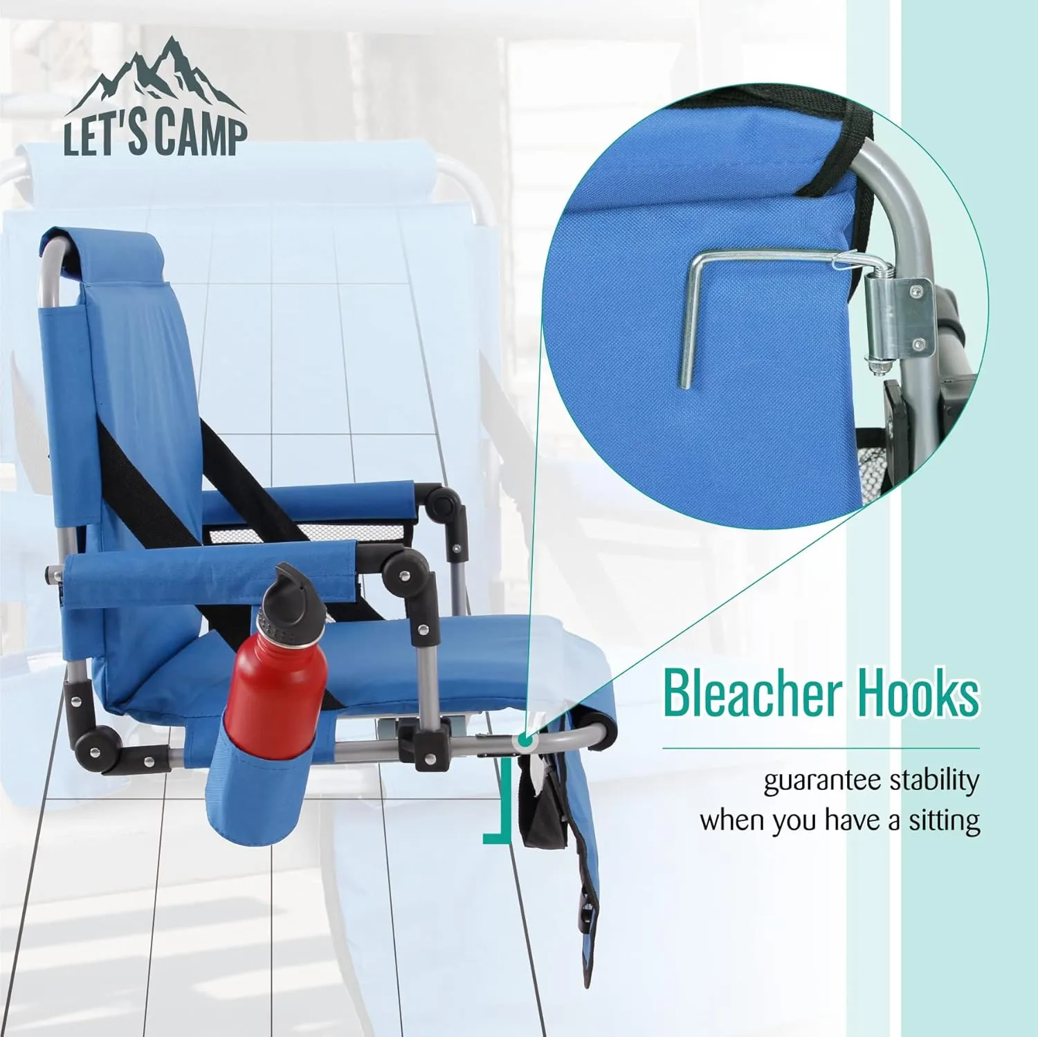 LET'S CAMP Folding Stadium Seat Bleacher Chair with Cup Holder, Mesh Bag and Hide Hooks, Portable Stadium Chair with Back and Cushion
