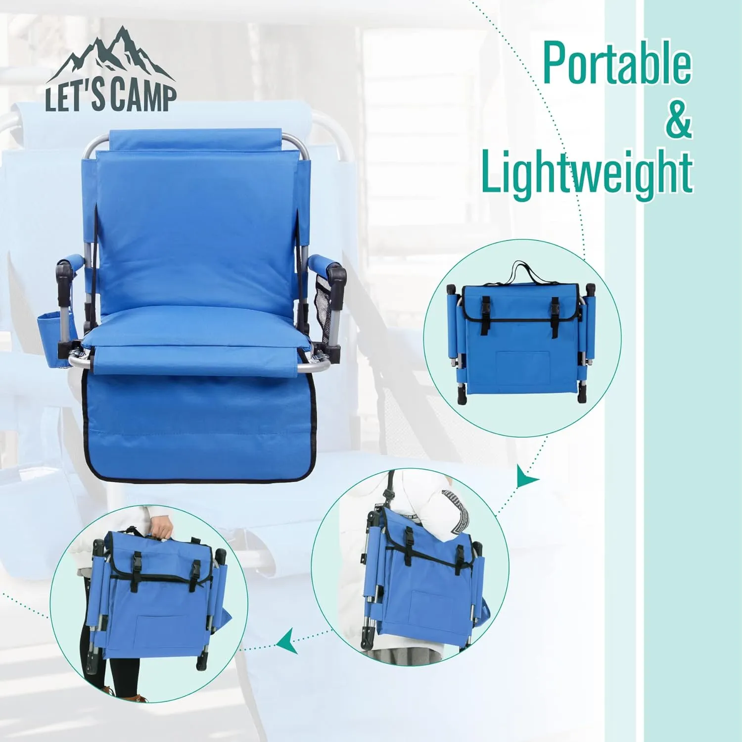 LET'S CAMP Folding Stadium Seat Bleacher Chair with Cup Holder, Mesh Bag and Hide Hooks, Portable Stadium Chair with Back and Cushion