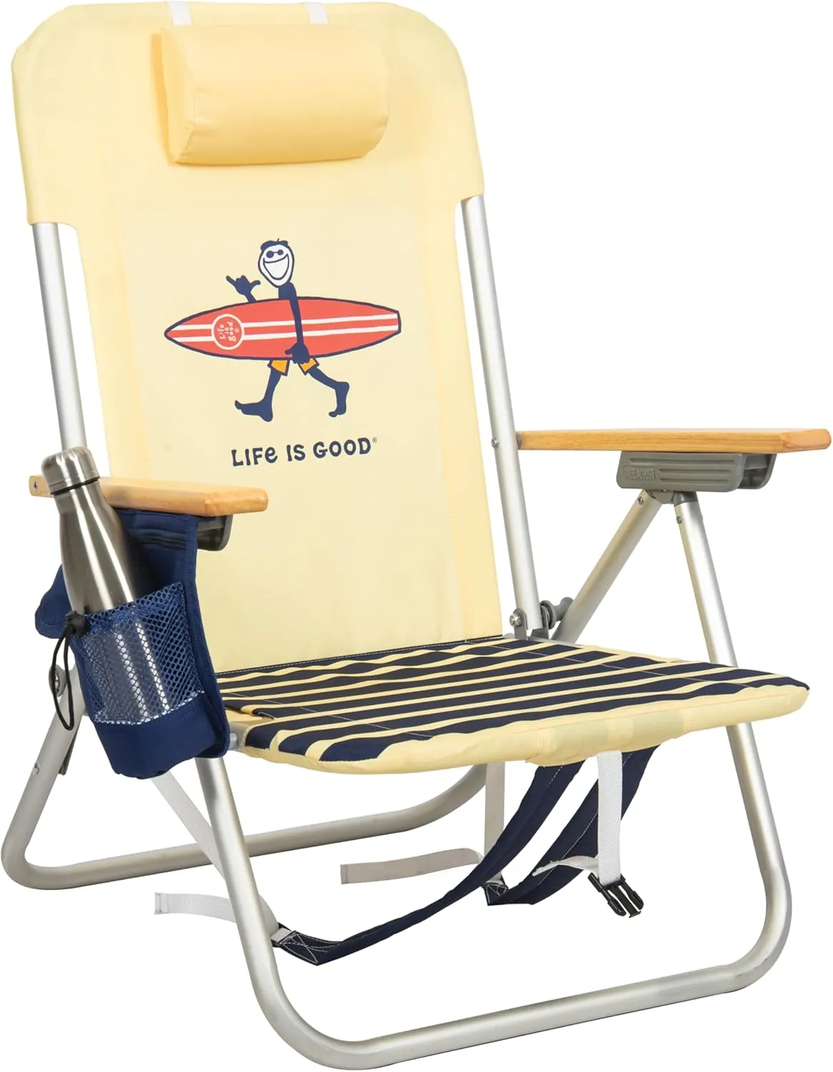 Life is Good 4-Position Backpack Aluminum Beach Chair with Pillow and Cup Holder, Yellow and Navy Blue