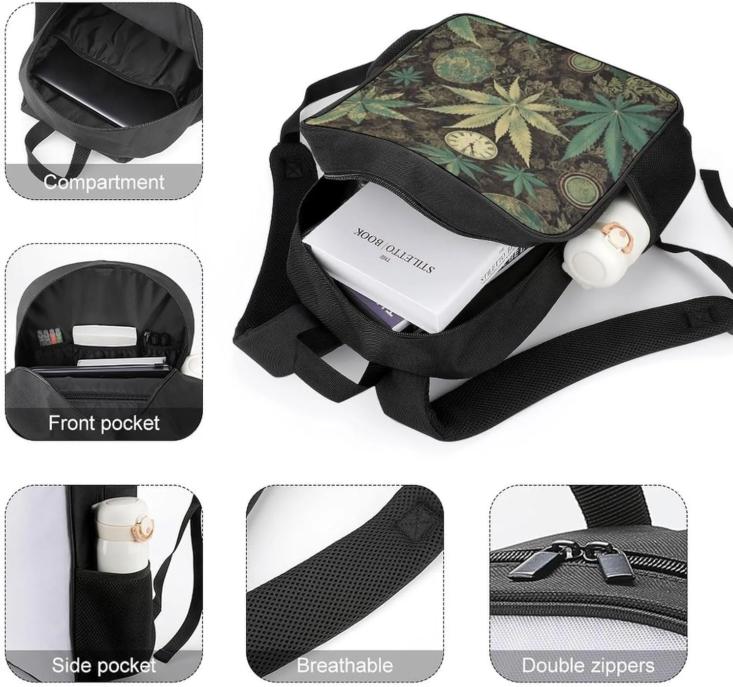 Lightweight Backpacks Cute Travel Bag Durable A Puff in Time Weed Rosemary Printing Small Travel Backpack For Women & Men
