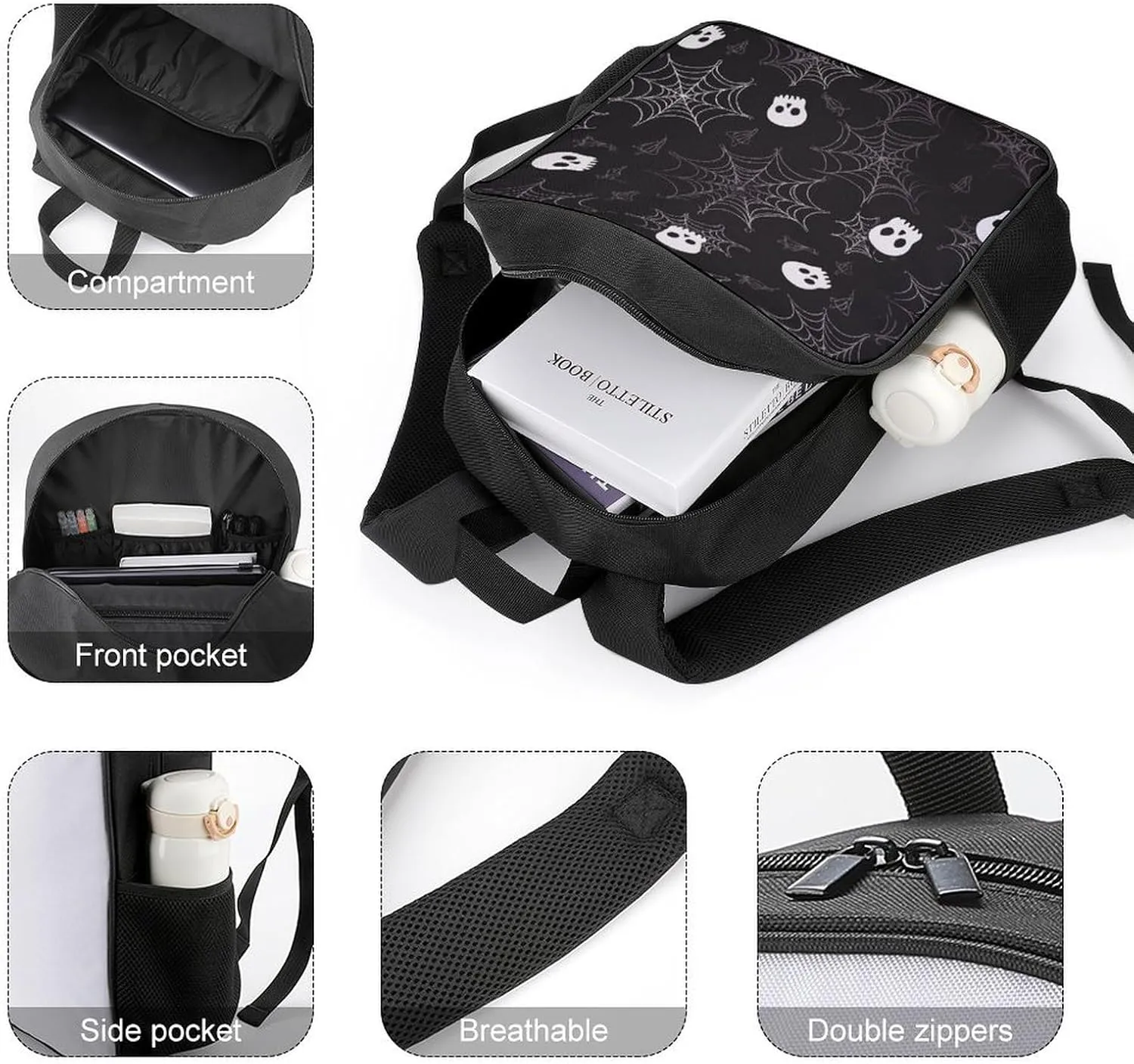 Lightweight Backpacks Cute Travel Bag Durable A Skeleton in A Spider Web Printing Small Travel Backpack For Women & Men
