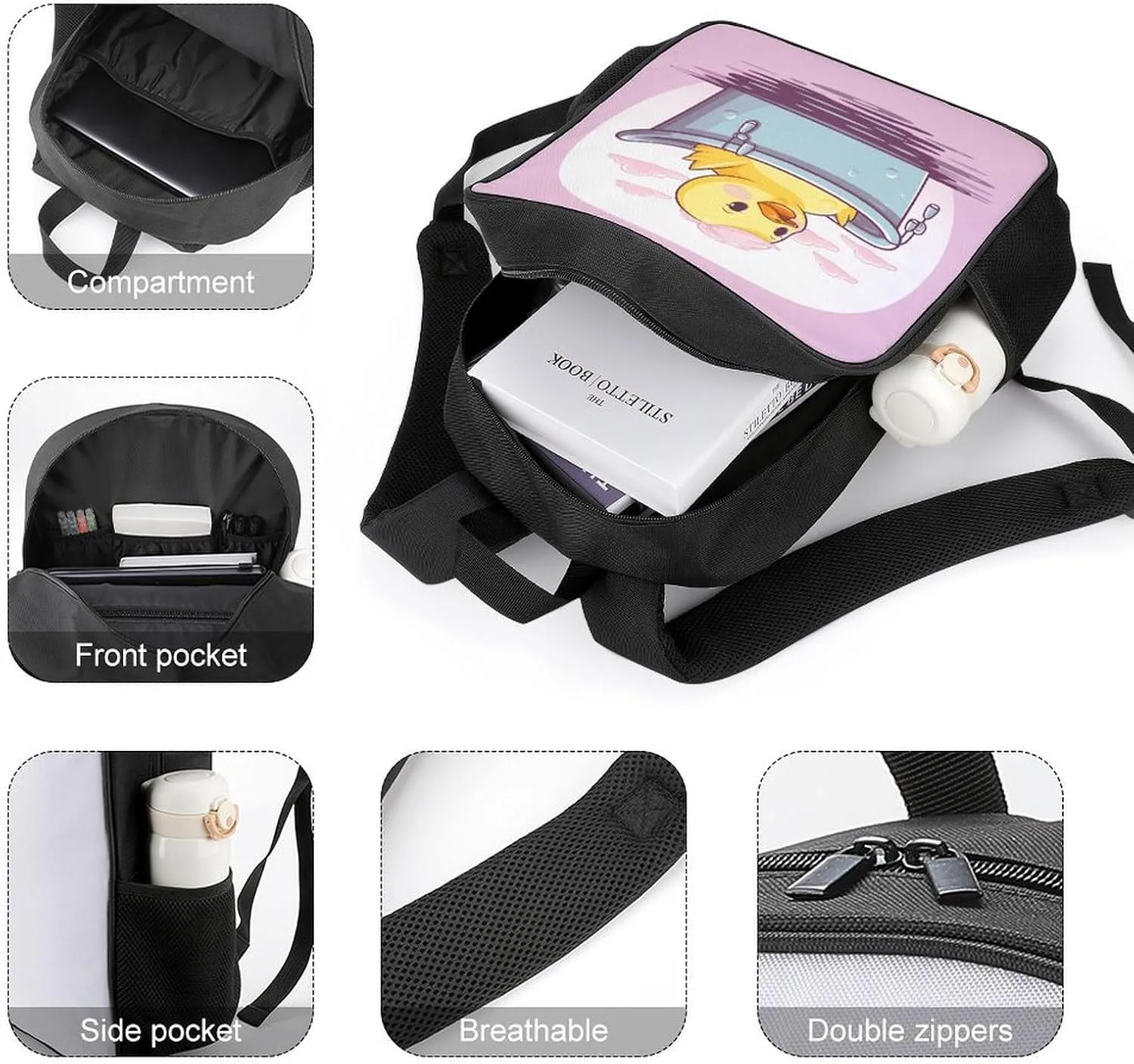 Lightweight Backpacks Cute Travel Bag Durable Cartoon Yellow Duck Printing Small Travel Backpack For Women & Men