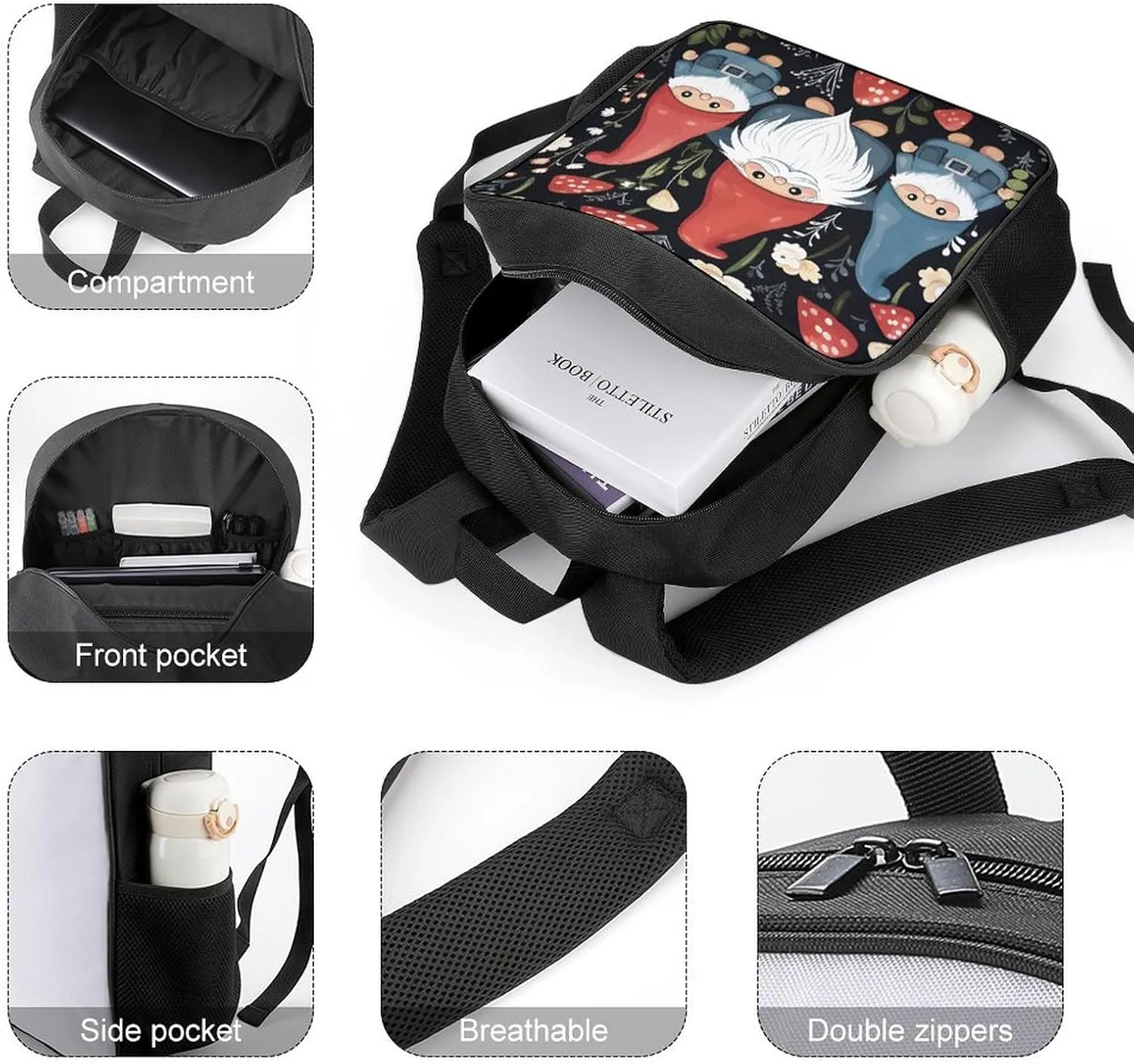Lightweight Backpacks Cute Travel Bag Durable Cute Gnomes Printing Small Travel Backpack For Women & Men