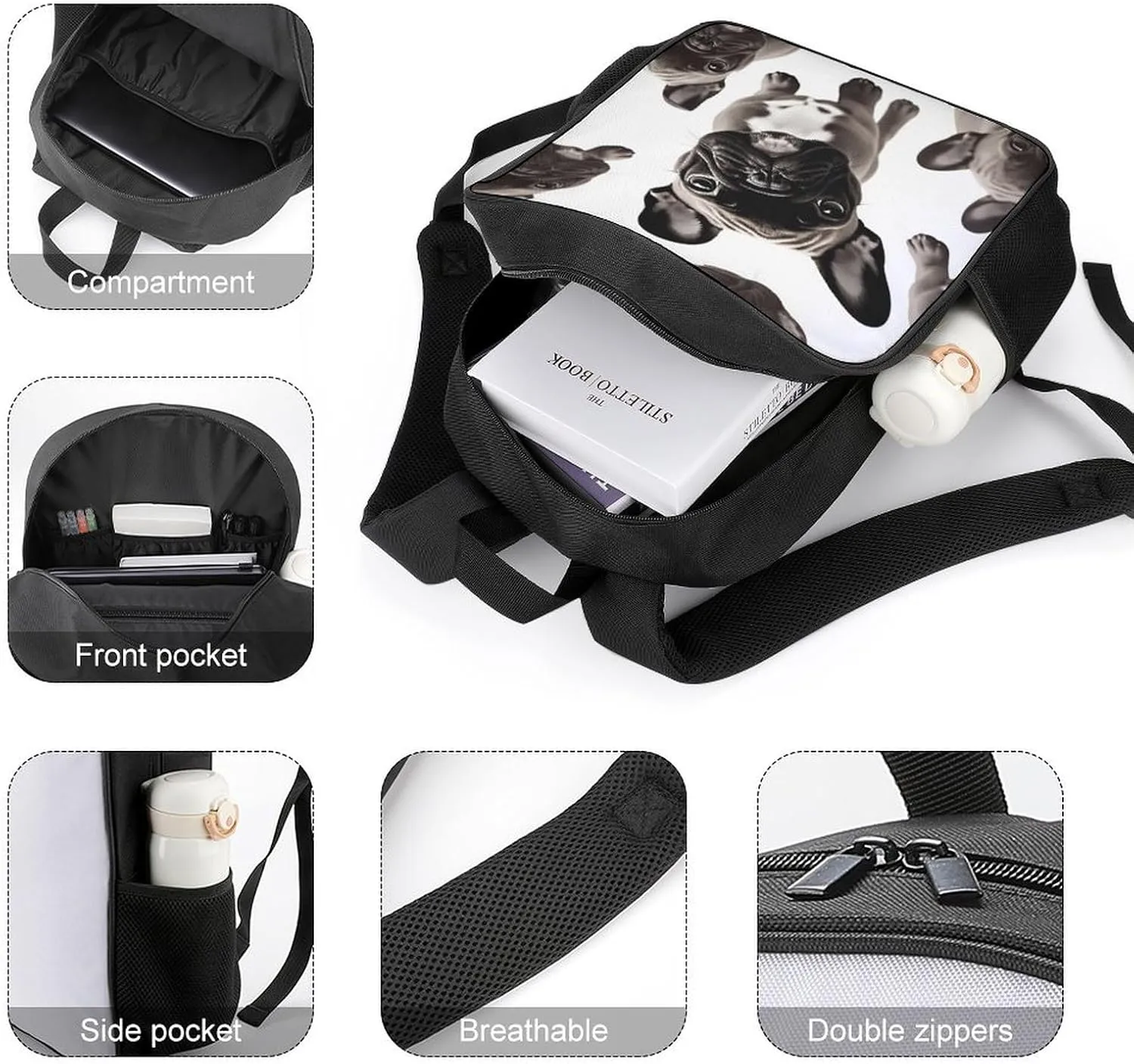 Lightweight Backpacks Cute Travel Bag Durable French Bulldog Printing Small Travel Backpack For Women & Men