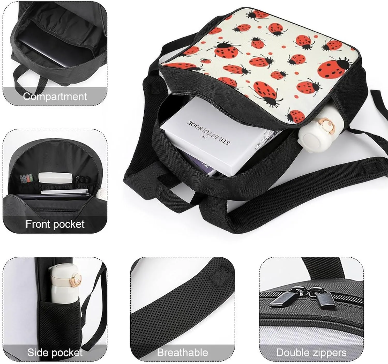 Lightweight Backpacks Cute Travel Bag Durable Ladybugs Pattern Infinite Speckled Printing Small Travel Backpack For Women & Men