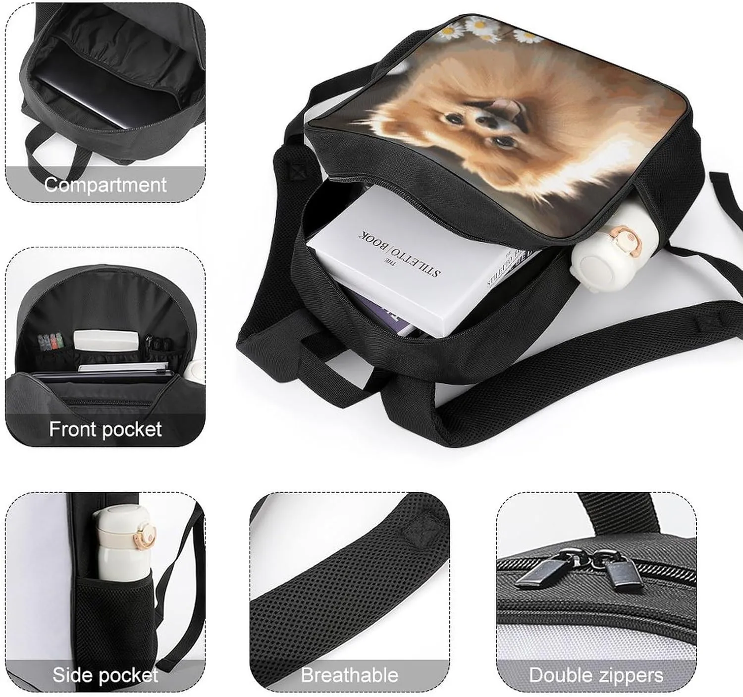 Lightweight Backpacks Cute Travel Bag Durable Pomeranian Dog Printing Small Travel Backpack For Women & Men