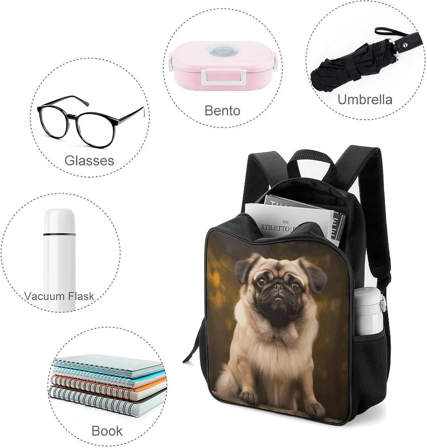 Lightweight Backpacks Cute Travel Bag Durable Pug Dog Printing Small Travel Backpack For Women & Men