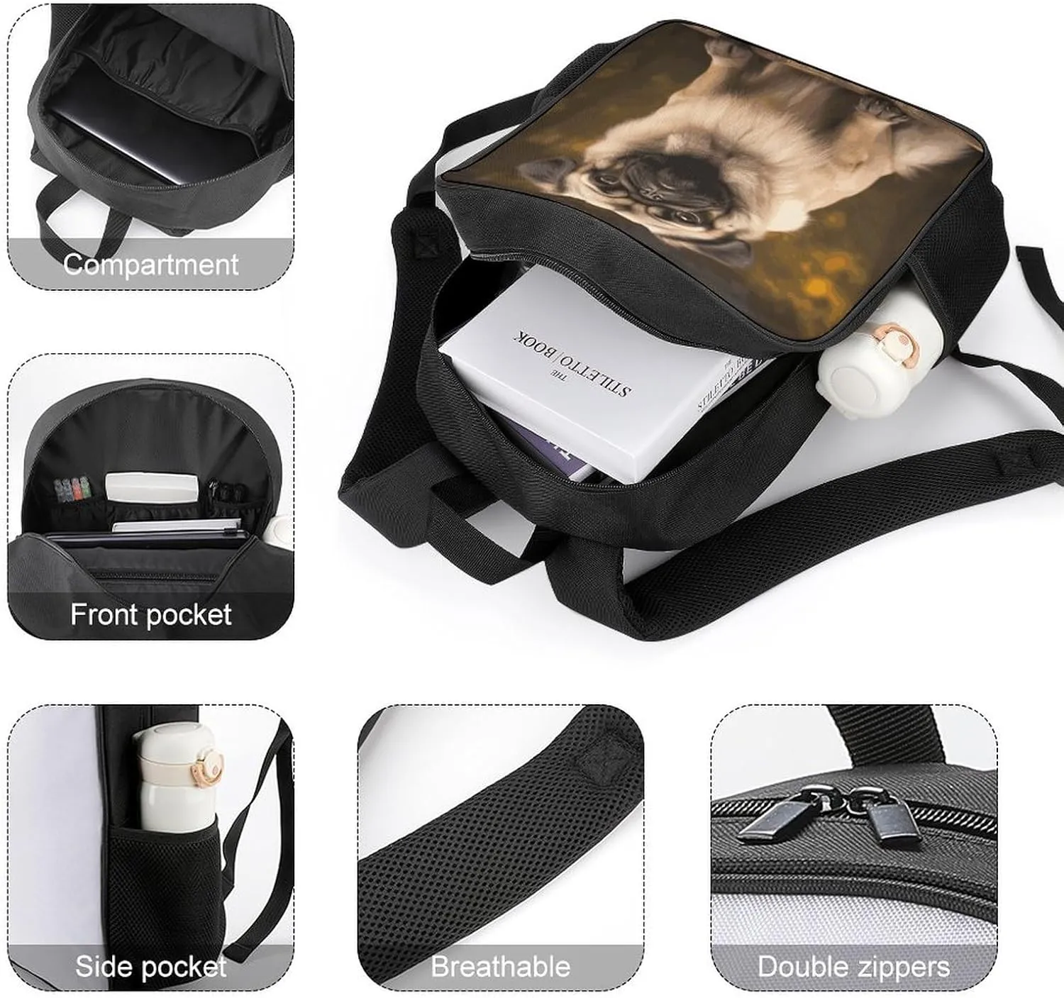 Lightweight Backpacks Cute Travel Bag Durable Pug Dog Printing Small Travel Backpack For Women & Men