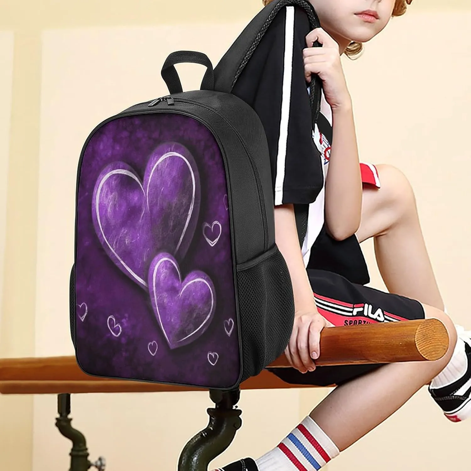 Lightweight Backpacks Cute Travel Bag Durable Purple Hearts Printing Small Travel Backpack For Women & Men