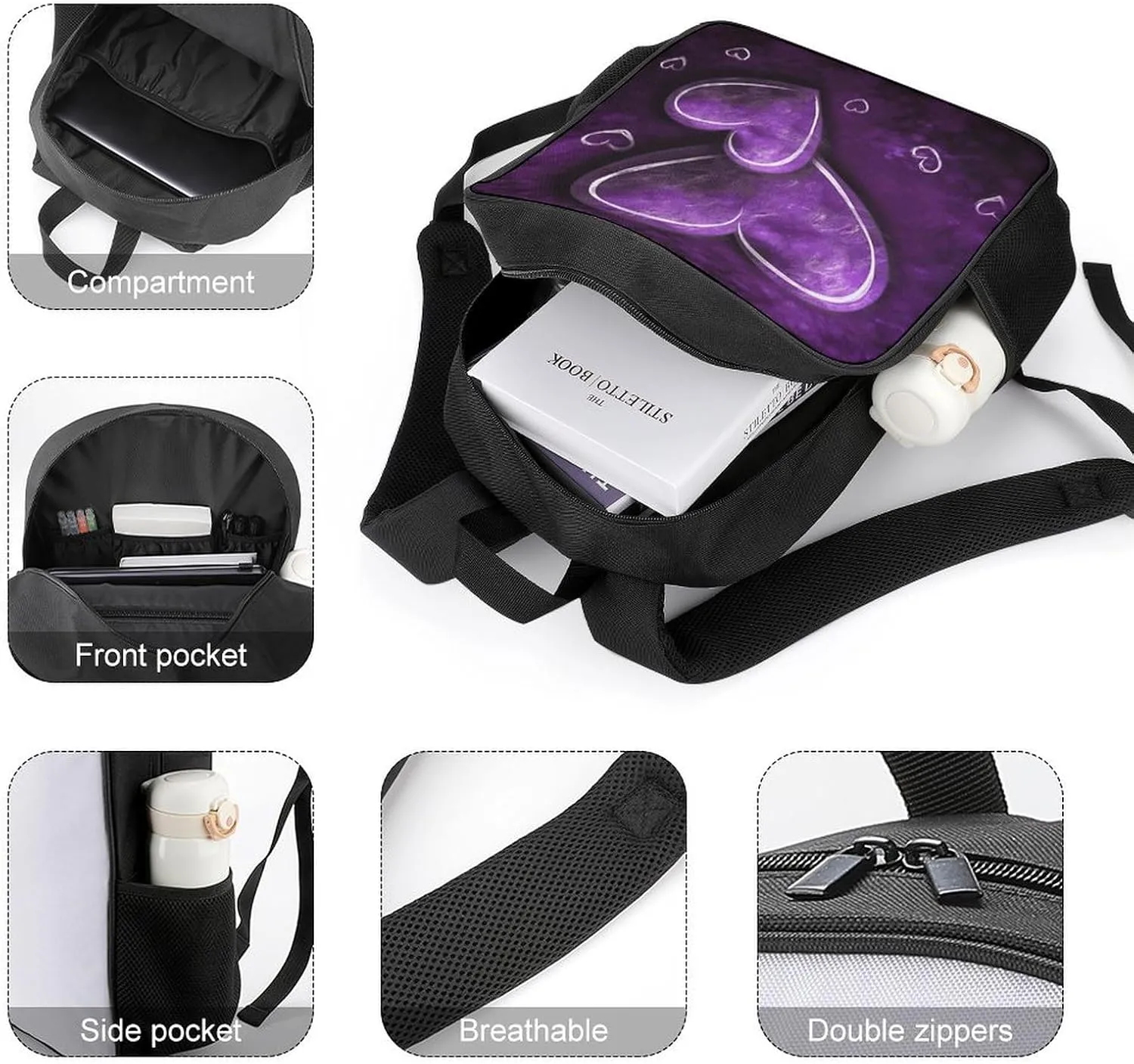 Lightweight Backpacks Cute Travel Bag Durable Purple Hearts Printing Small Travel Backpack For Women & Men