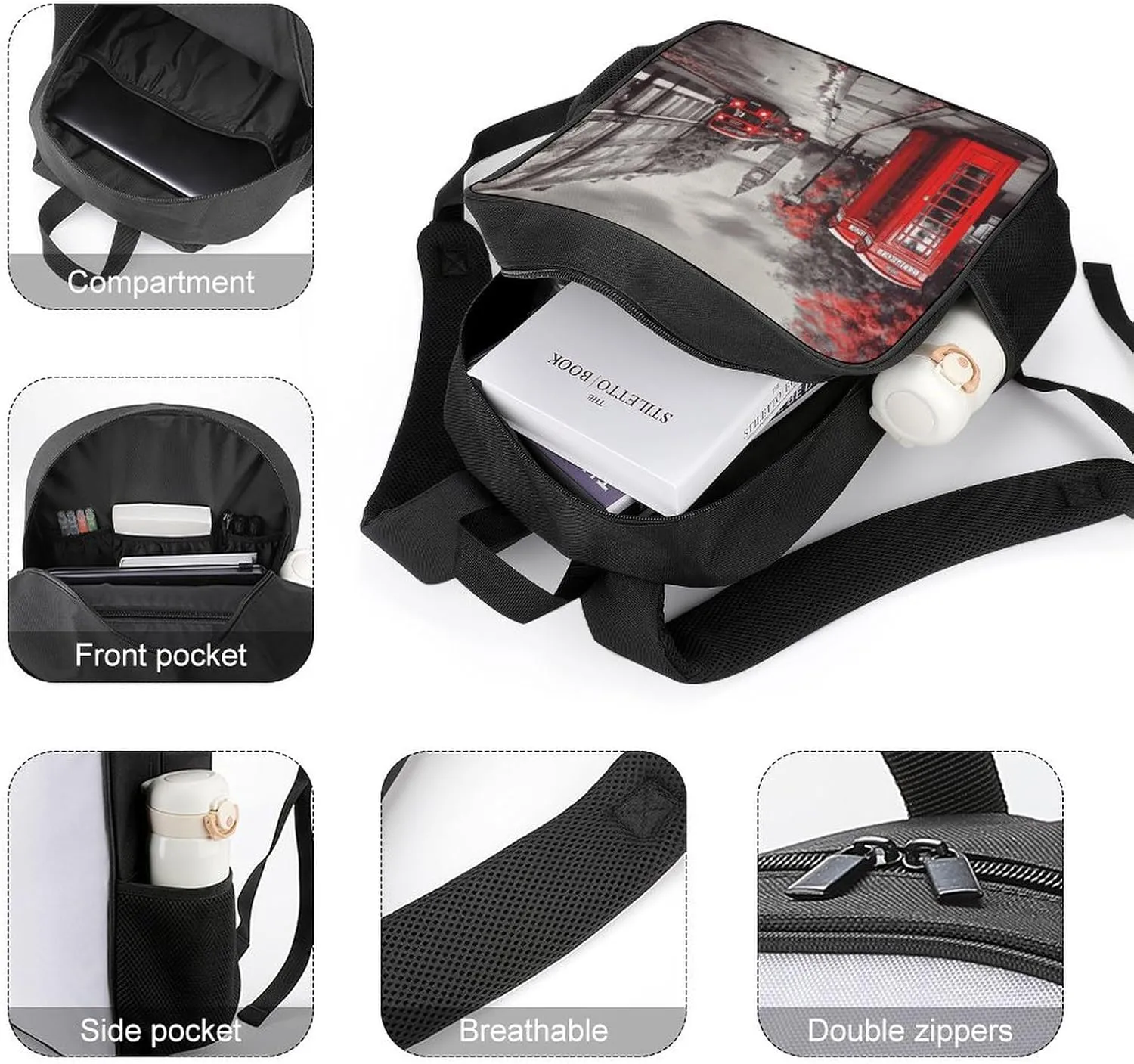 Lightweight Backpacks Cute Travel Bag Durable Red London Street Printing Small Travel Backpack For Women & Men