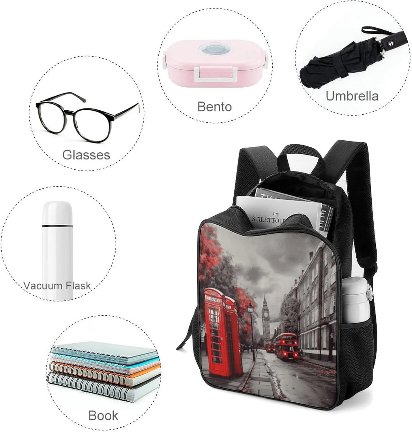 Lightweight Backpacks Cute Travel Bag Durable Red London Street Printing Small Travel Backpack For Women & Men