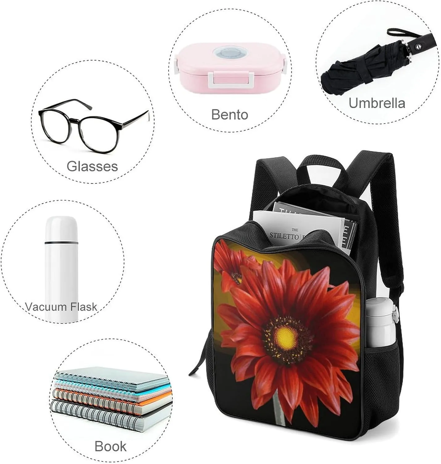 Lightweight Backpacks Cute Travel Bag Durable Red Sunflower Printing Small Travel Backpack For Women & Men