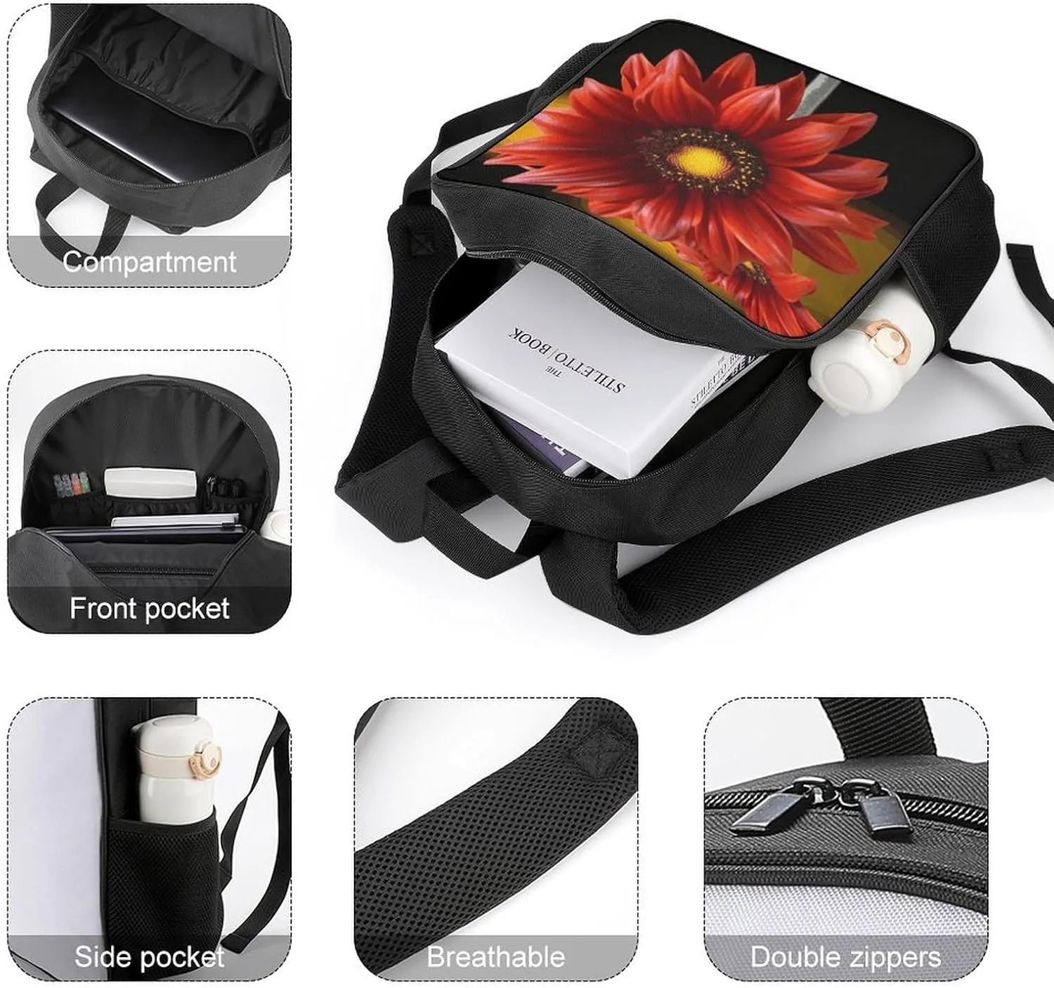 Lightweight Backpacks Cute Travel Bag Durable Red Sunflower Printing Small Travel Backpack For Women & Men
