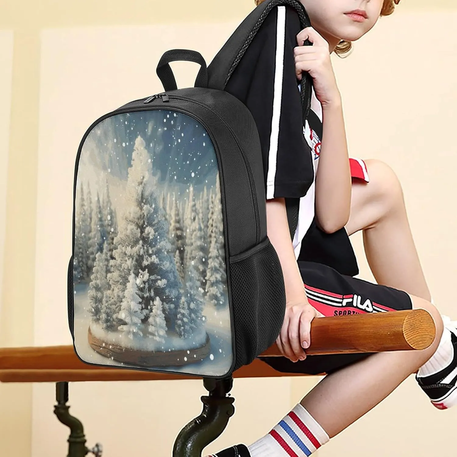 Lightweight Backpacks Cute Travel Bag Durable Snow Wonderland Pine Tree Christmas Printing Small Travel Backpack For Women & Men