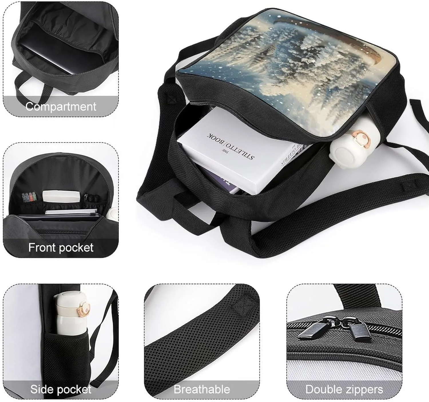 Lightweight Backpacks Cute Travel Bag Durable Snow Wonderland Pine Tree Christmas Printing Small Travel Backpack For Women & Men