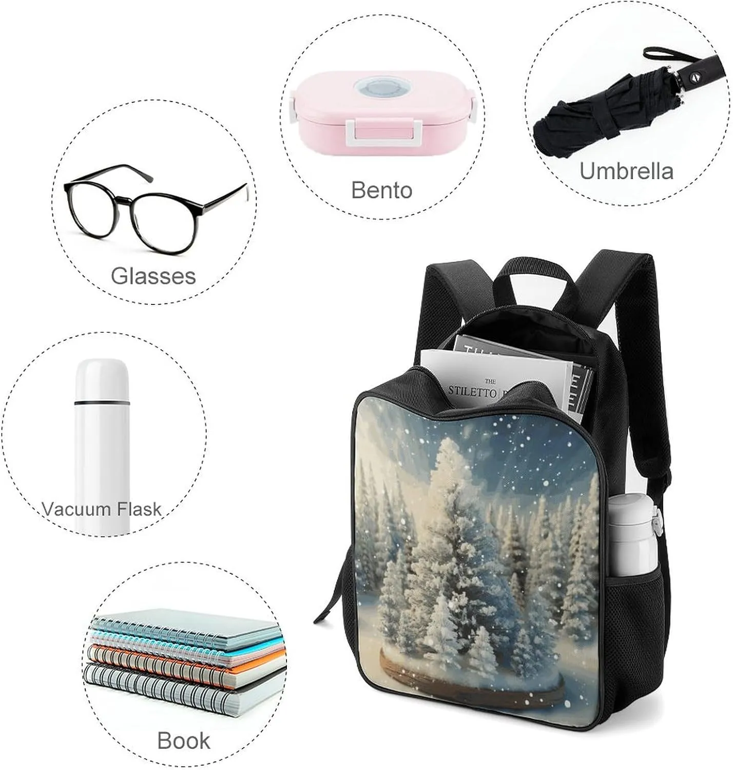 Lightweight Backpacks Cute Travel Bag Durable Snow Wonderland Pine Tree Christmas Printing Small Travel Backpack For Women & Men