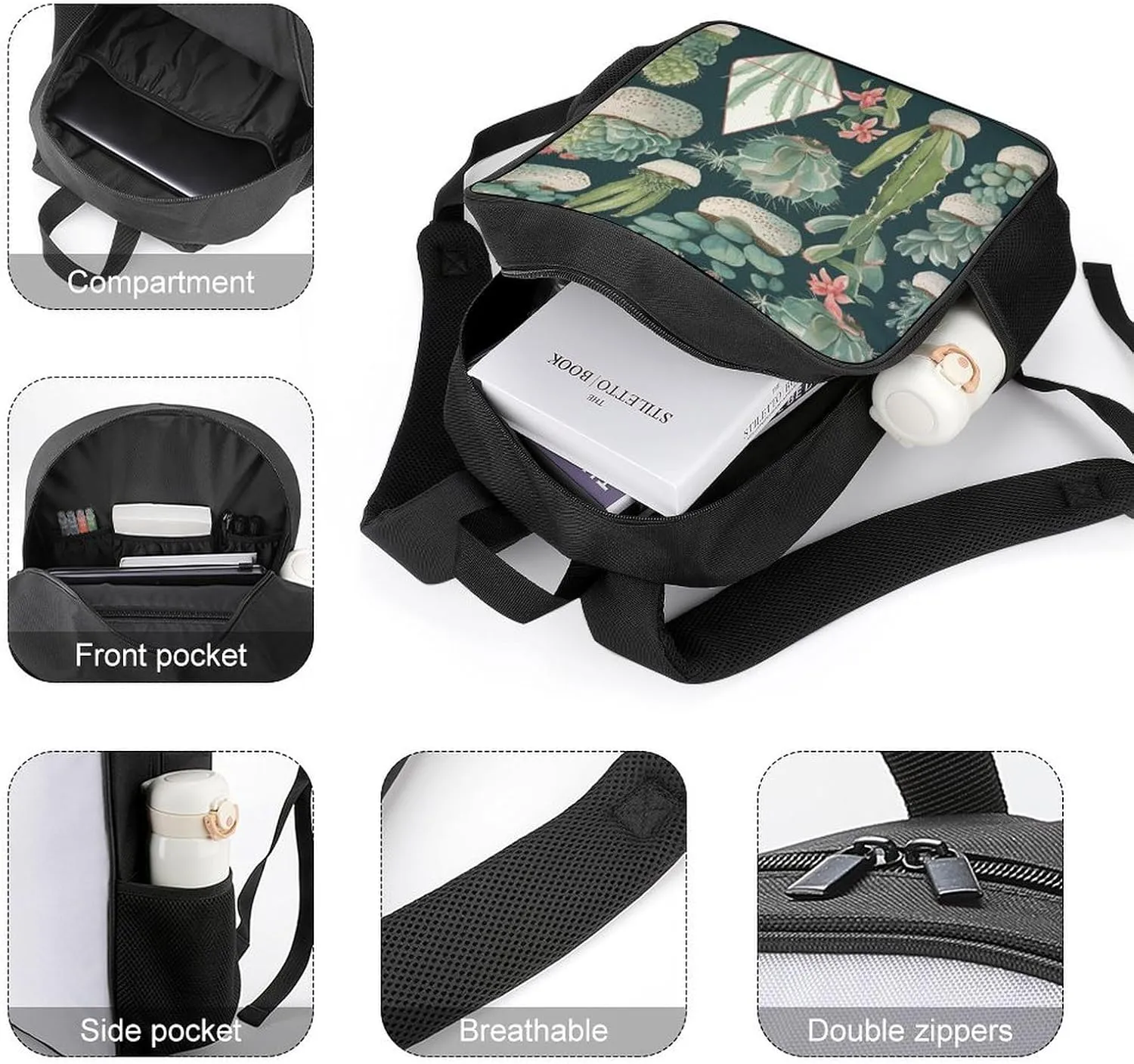 Lightweight Backpacks Cute Travel Bag Durable Succulent Plants And Green Printing Small Travel Backpack For Women & Men